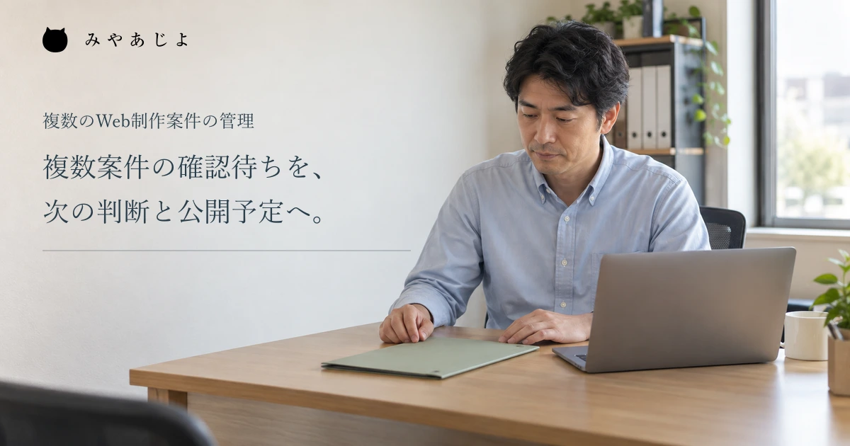複数案件の確認待ちと公開予定を伝える見出しと、事務所で資料を確認する担当者