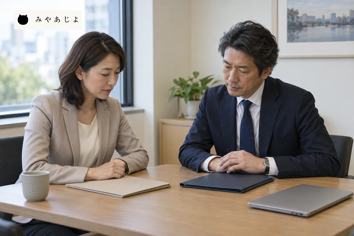 二人の担当者がそれぞれの資料を前に打合せする場面。実顧客の案件や制作実績ではない