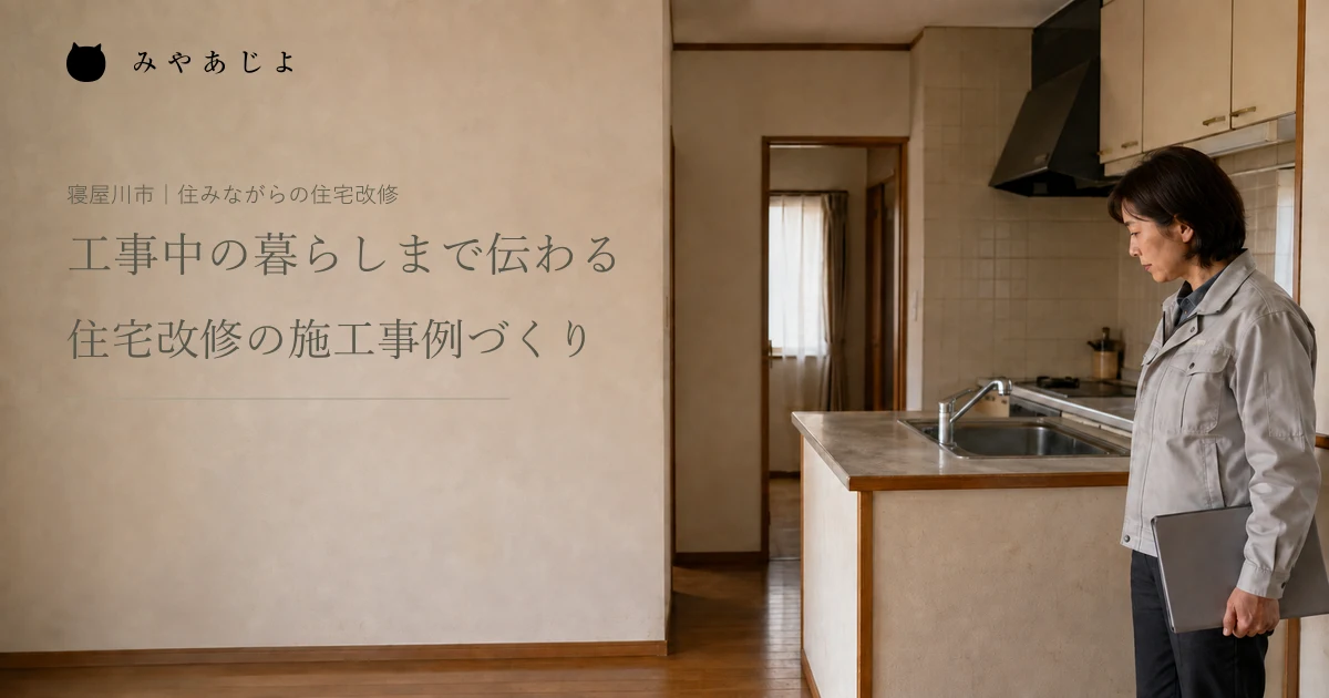 架空の住宅改修担当者が既存の台所と通路を確認する編集イメージ