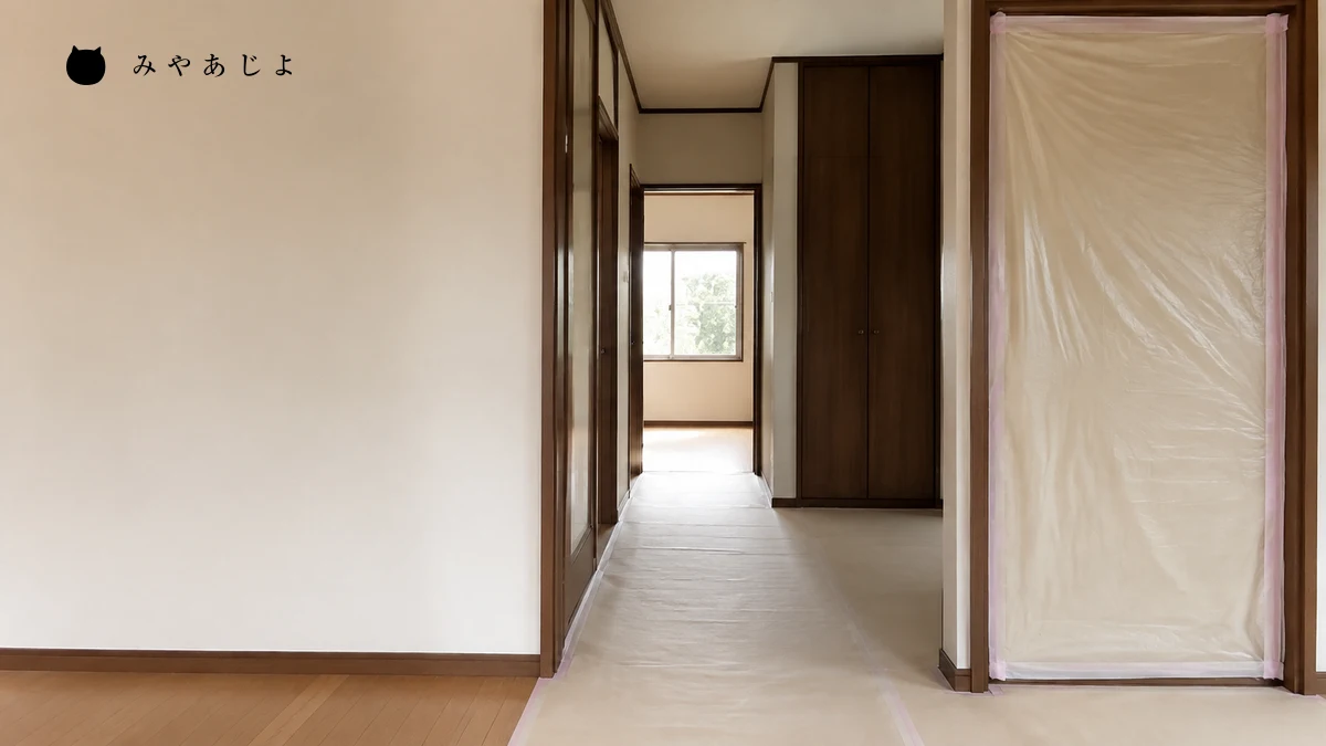 架空の住宅で生活用の通路と養生された工事区画の入口を分けた編集イメージ