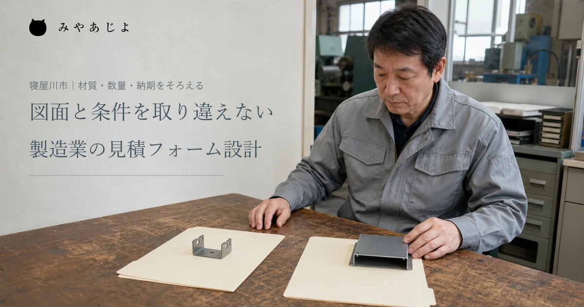 架空の加工会社で担当者が部品と資料を見比べて見積条件を確認する編集イメージ