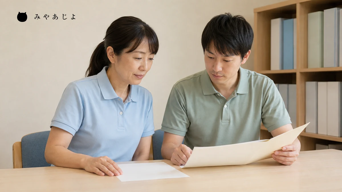 架空の医療福祉施設の職員が個人情報のない練習資料を机上で照合し勤務帯ごとの説明を確認する編集イメージ