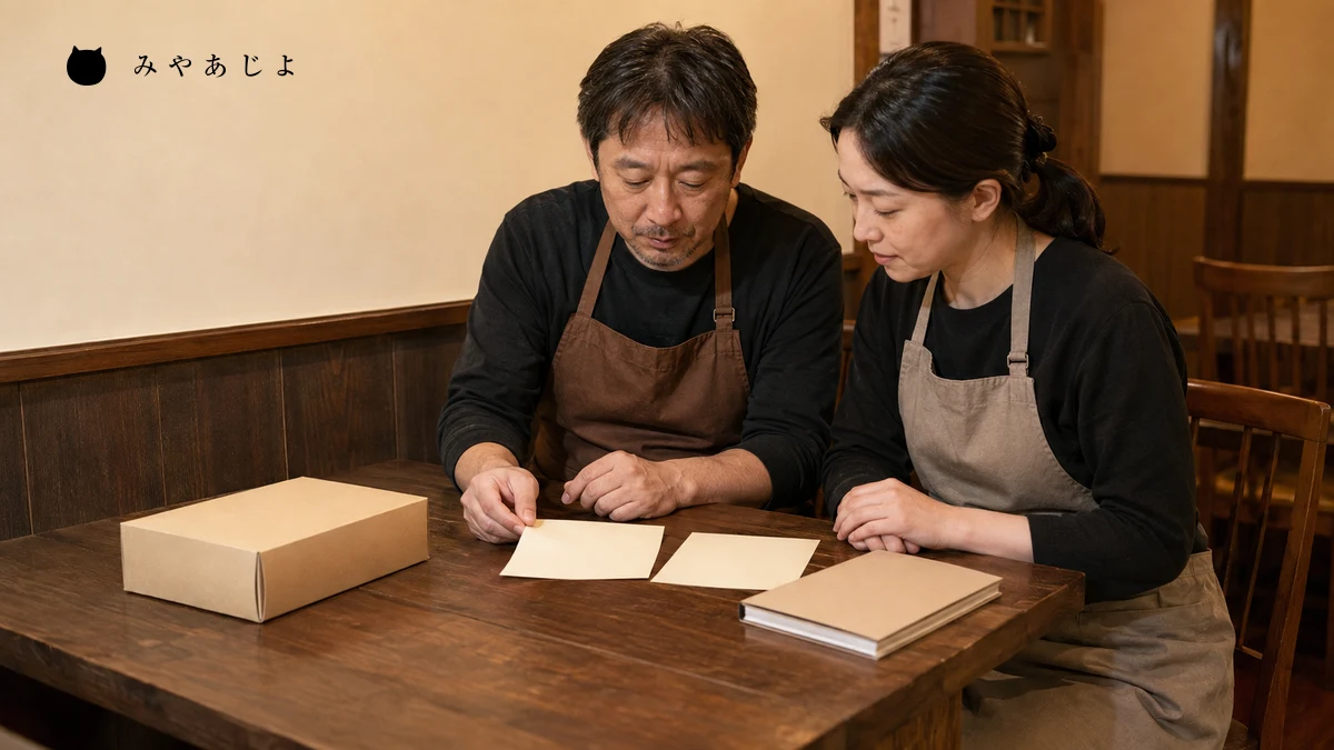 架空の食堂の担当者が閉店後に無地の営業案内と受取用の箱を照合して翌営業日の案内を確認する編集イメージ