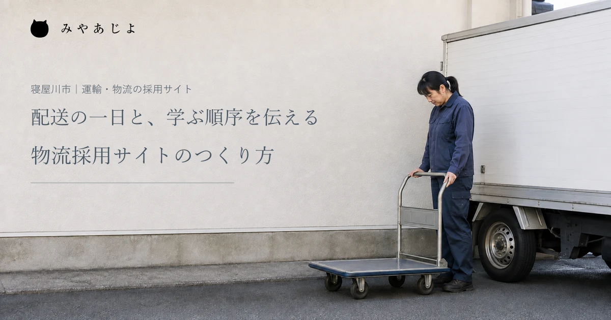 架空の配送営業所で作業員が停止中のトラック横の空の台車を確認する編集イメージ
