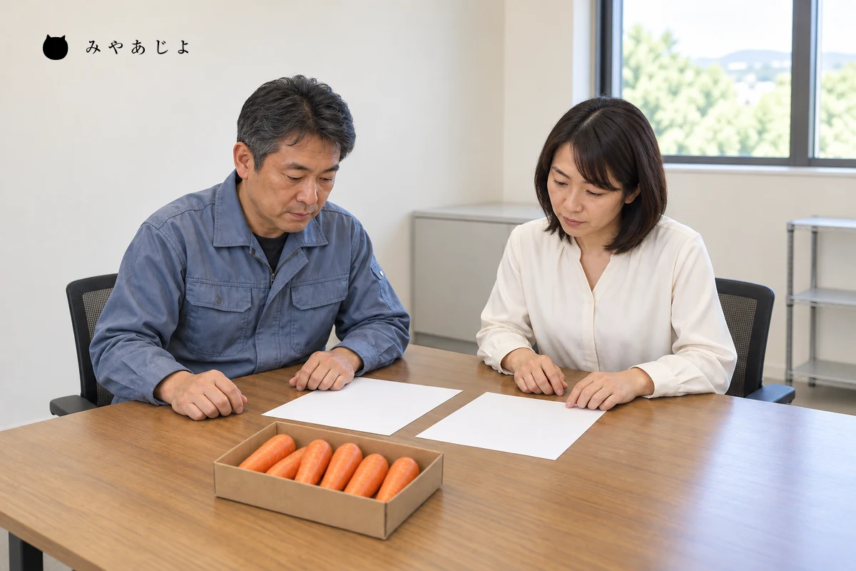 箱入りの根菜と白紙の資料を前に、規格と出荷条件を確認する架空の農業法人担当者と仕入担当者