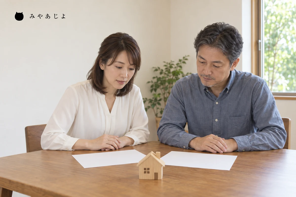 白紙の確認資料と無地の木製住宅模型を前に、内見後の確認事項を整理する架空の物件担当者と改修担当者