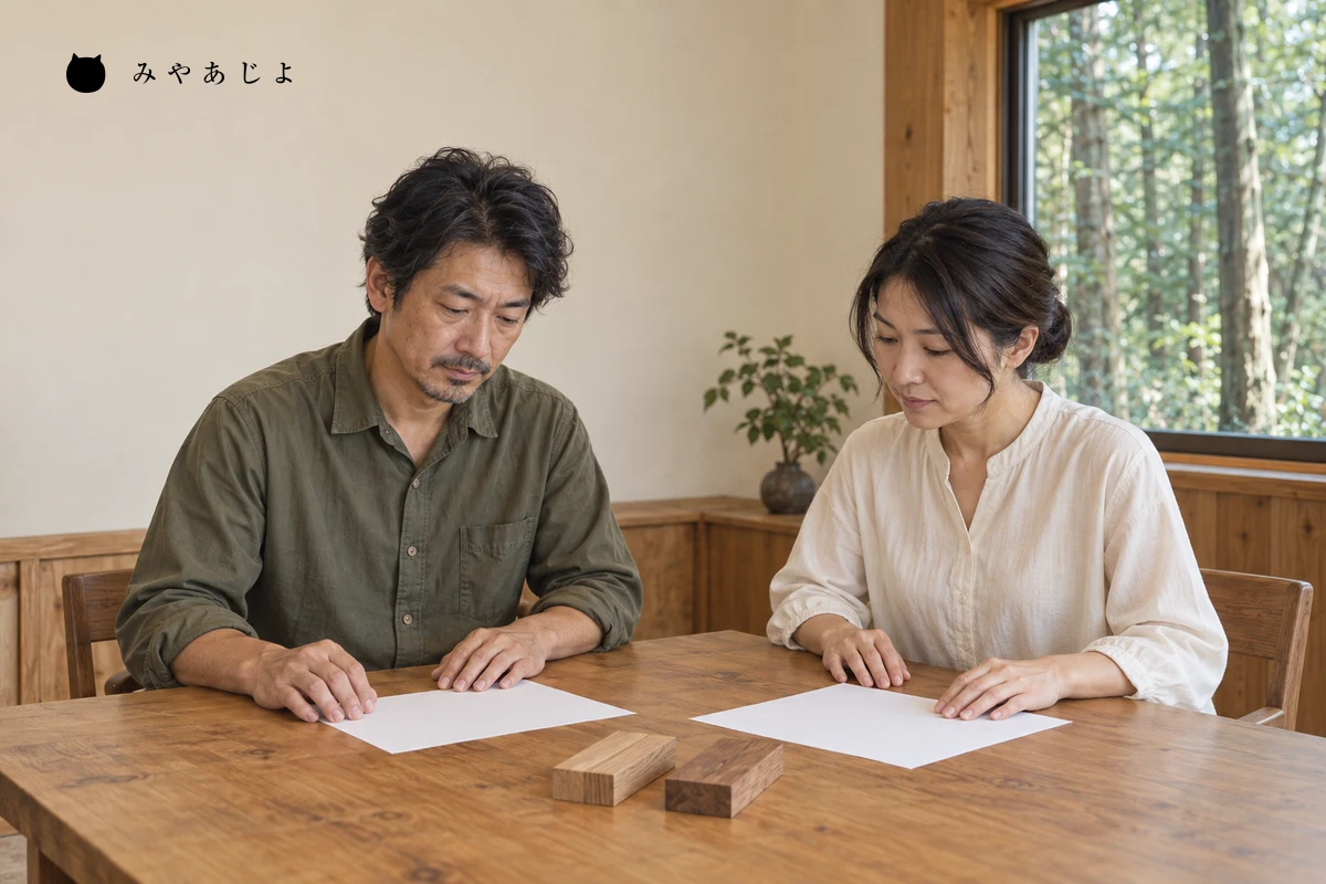 白紙の活動記録と木材サンプルを机に置き、報告する範囲を確かめる架空の森林企画担当者と企業担当者