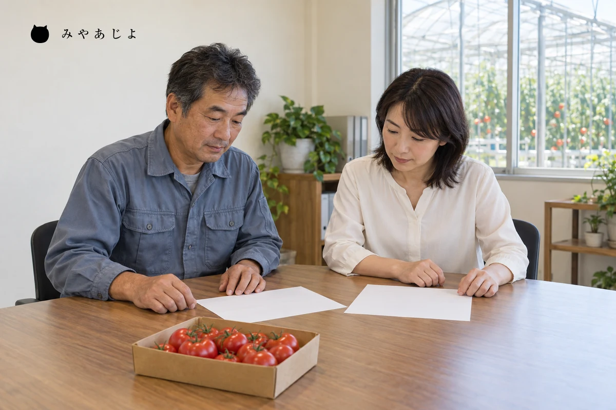 トマトを入れたトレーと白紙資料を前に、施設紹介の内容を確認する架空の栽培担当者と案内担当者