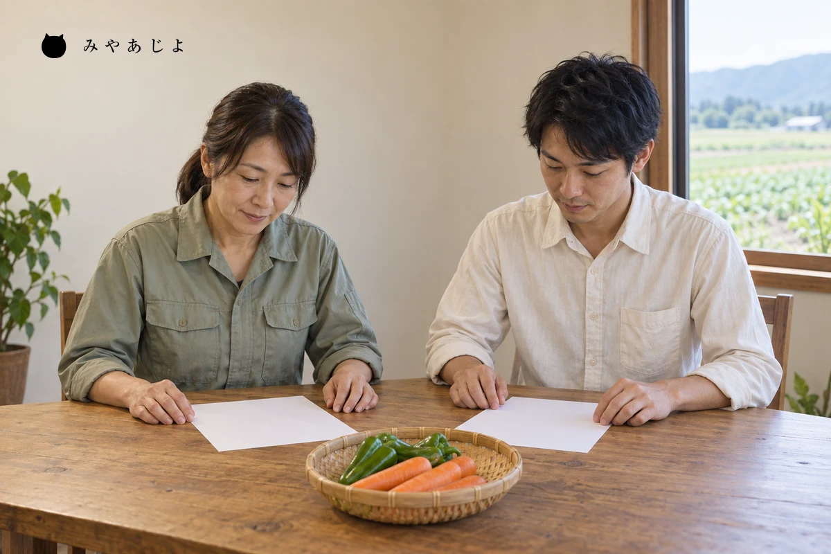 白紙の勤務資料と野菜の入った浅いかごを前に、年間の仕事と通勤の確認事項を話し合う架空の農園担当者と応募希望者
