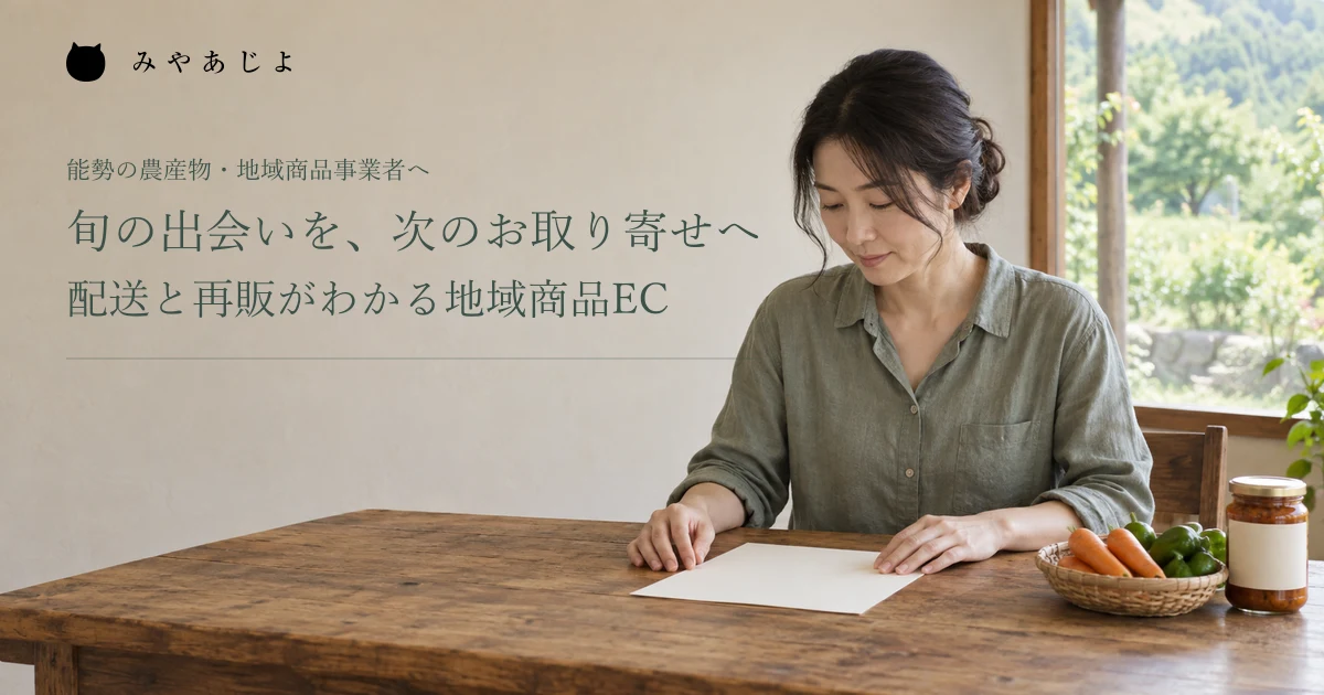 旬の出会いを、次のお取り寄せへ。配送と再販がわかる地域商品EC。架空の地域商品の販売準備イメージ