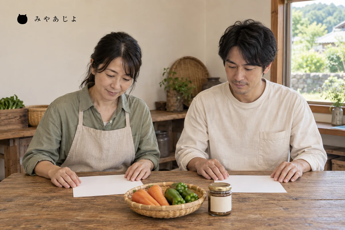 野菜便と瓶入り加工品の販売条件を白紙の資料で確認する架空の事業者二人