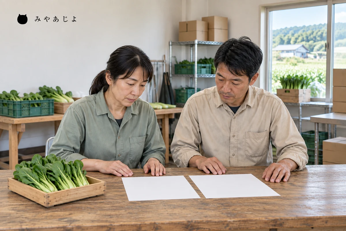 野菜を置いた机で白紙の資料を見ながら出荷情報の確認方法を相談する架空の生産者と担当者