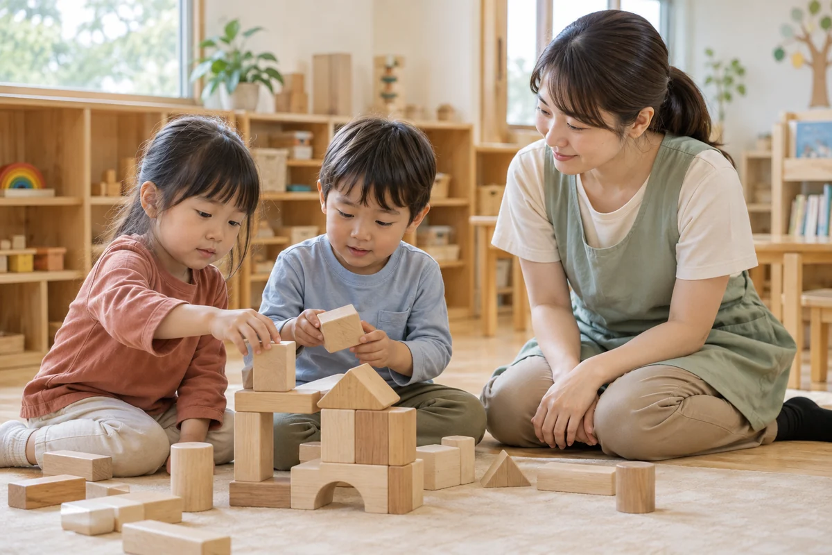 積み木で遊ぶ子どものそばで、保育者が考えや動きを見守る場面のイメージ