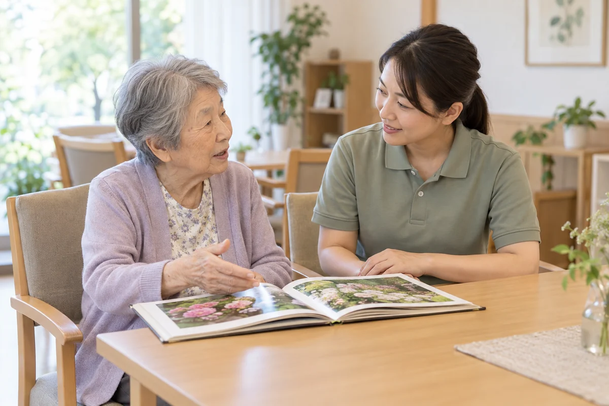 介護の現場で、職員が利用者本人の話を同じ目線で聞く生活場面のイメージ