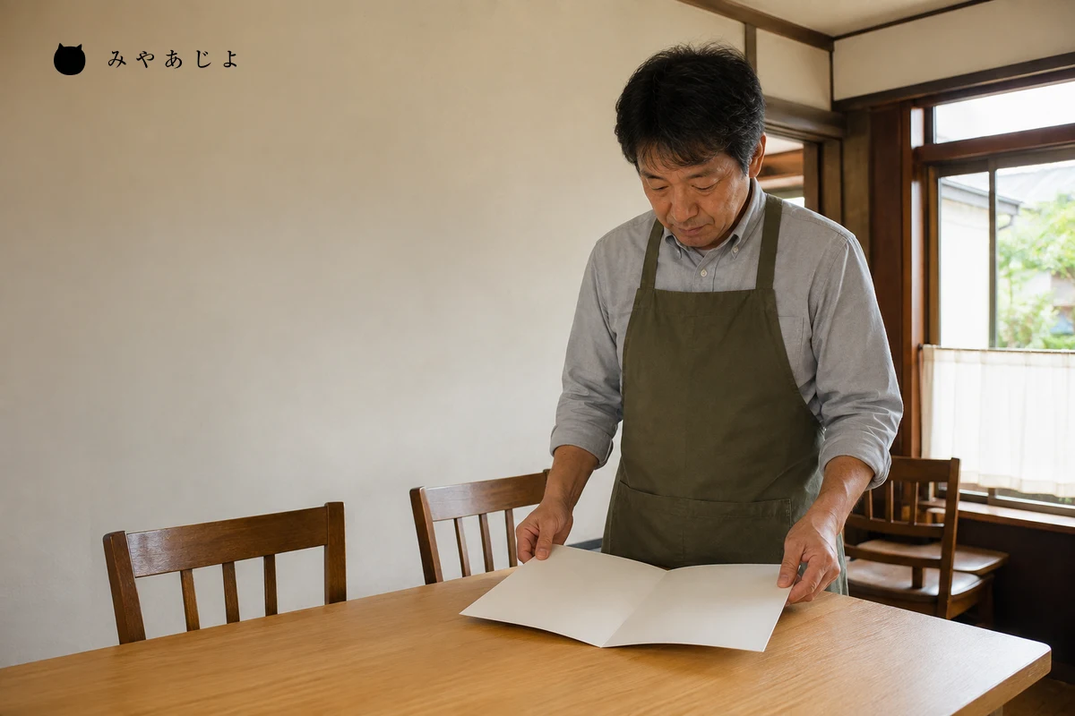 架空の食堂で担当者が営業前に無地の案内資料を開いて受付内容を確認する編集イメージ