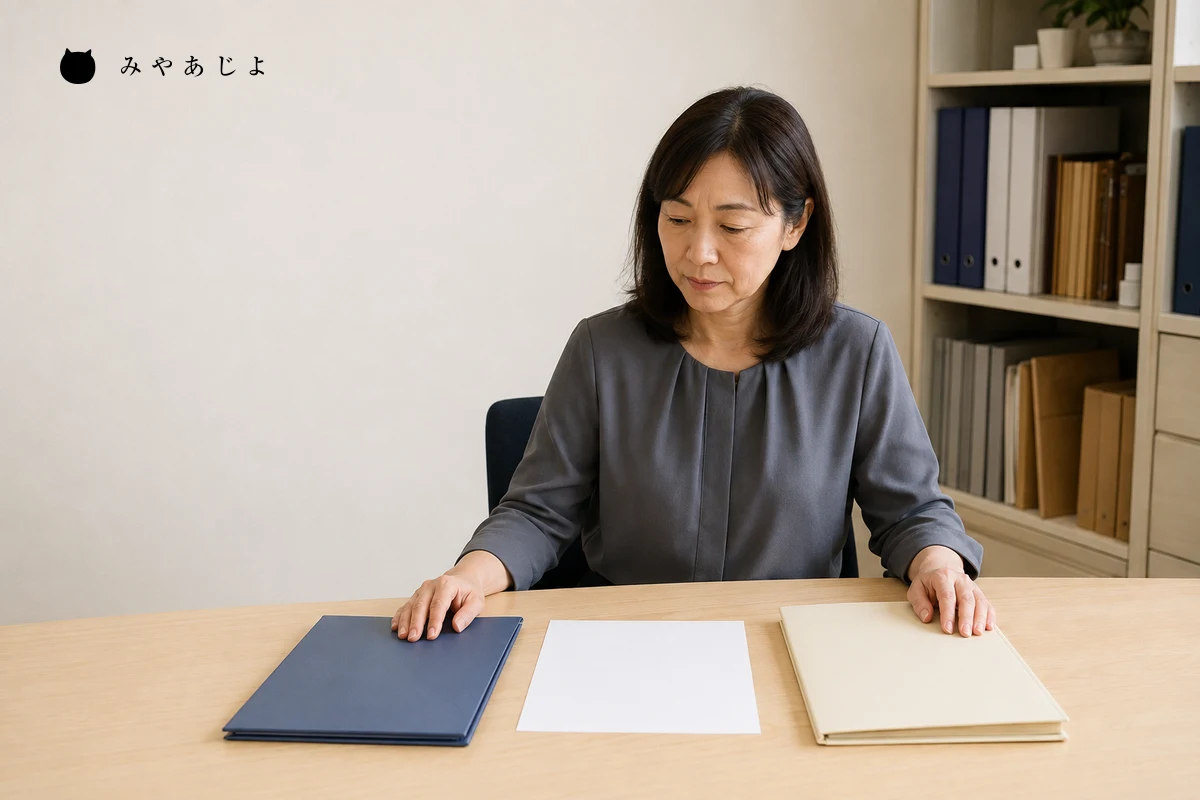 架空の専門サービス事務所の担当者が相談記録と公開用の資料を机上で見直す編集イメージ