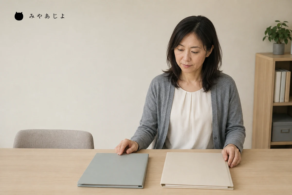 架空の不動産会社で担当者が無地の二つの資料を見比べて掲載内容を確認する編集イメージ