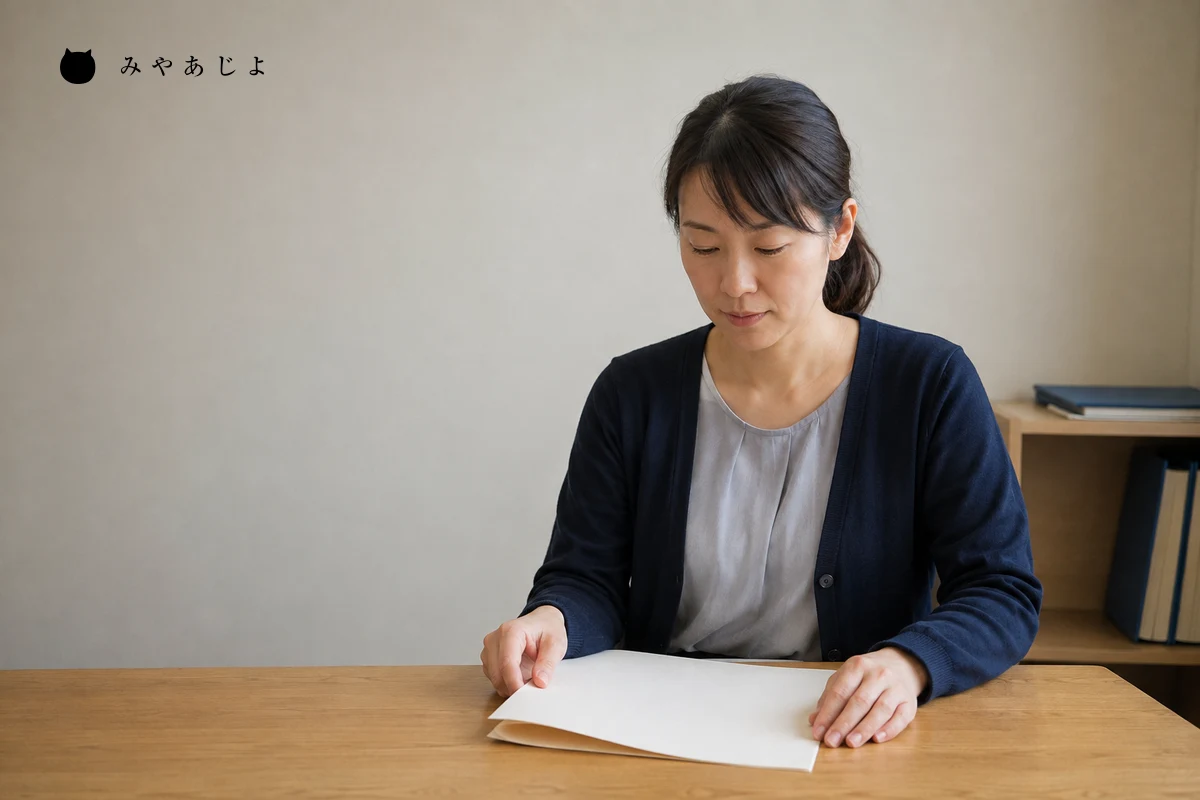 架空の小規模企業の担当者が、机上の無地の研修資料を見直す編集イメージ