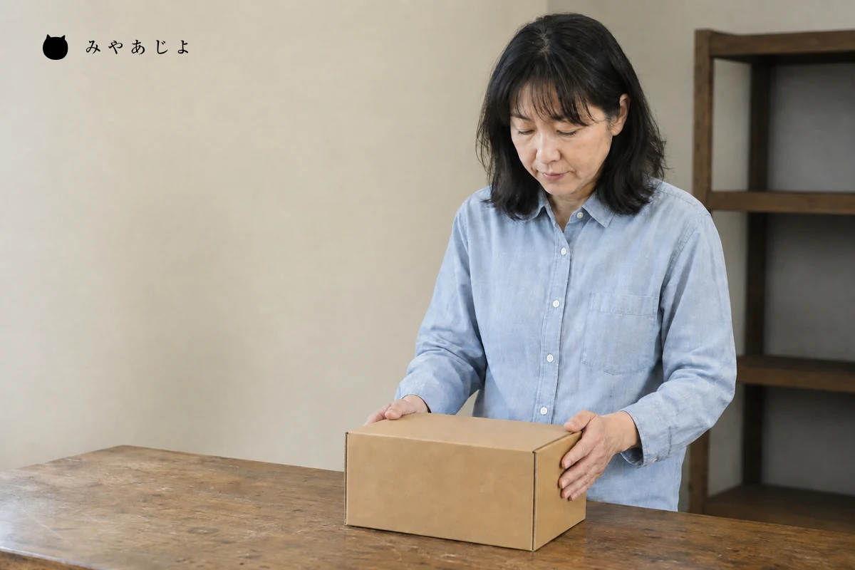 架空の加工会社の担当者が作業台で無地の梱包箱を確認する編集イメージ