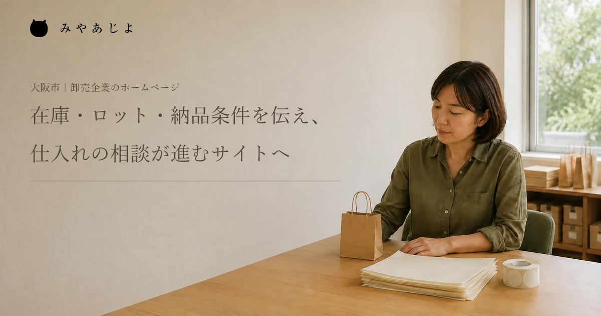 在庫・ロット・納品条件を伝え、仕入れの相談が進むサイトへ。架空の包装資材卸で商品見本を確認する編集イメージ