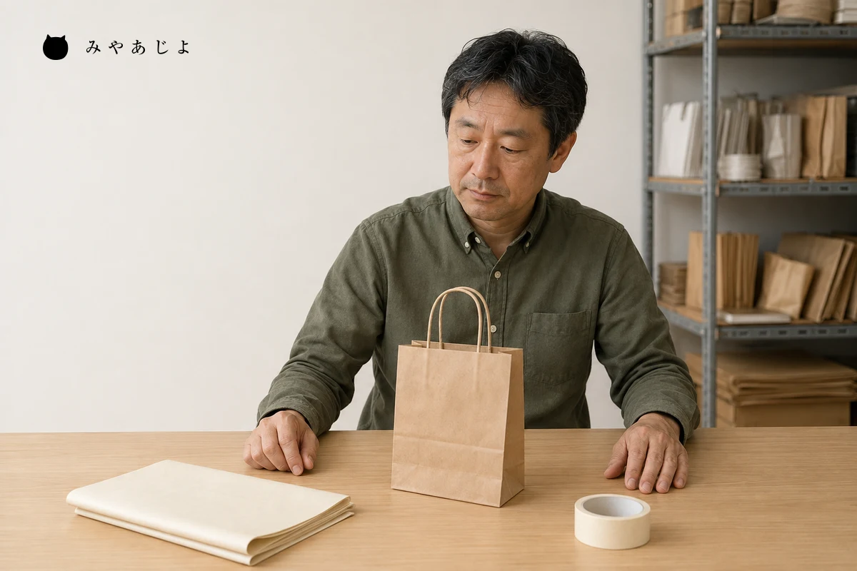 架空の包装資材卸の担当者が紙袋と包装紙の見本を並べて補充条件を確認する編集イメージ