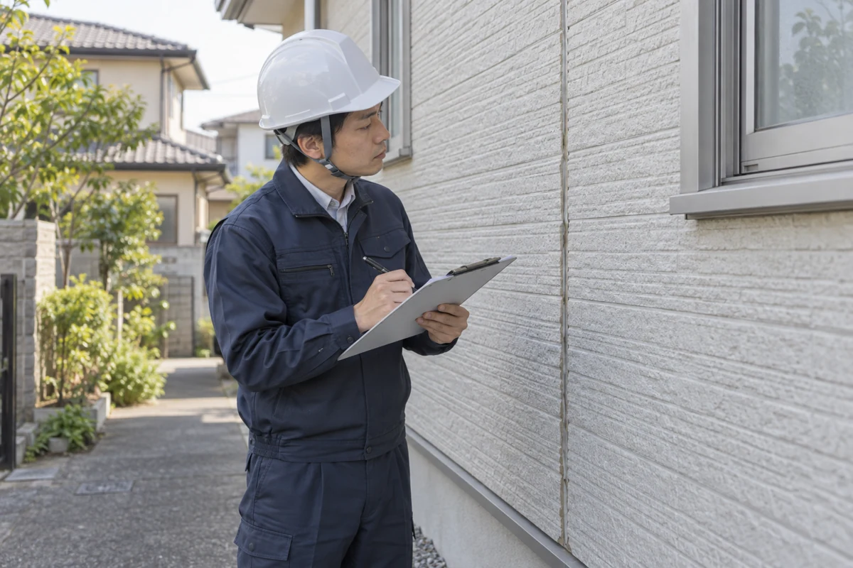 塗装工事の担当者が地上から外壁の状態を確認して記録するイメージ