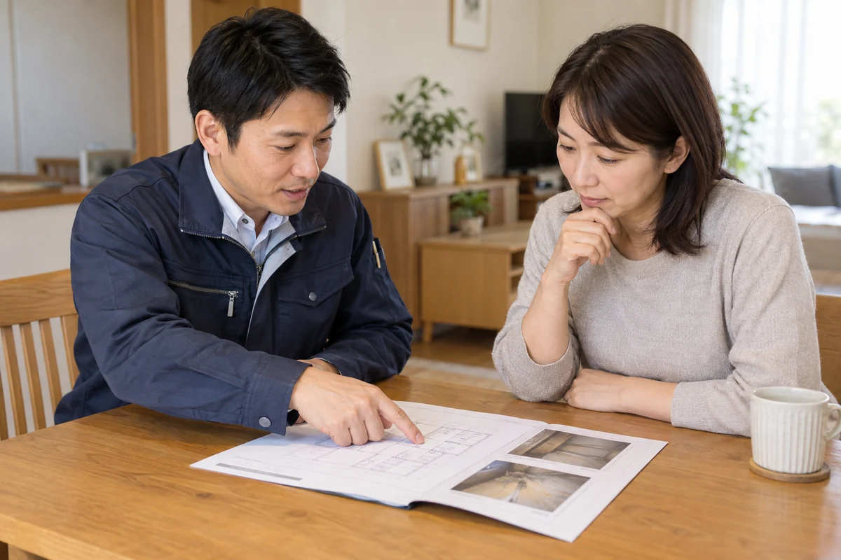 防除の担当者が住宅の依頼者へ点検記録を説明するイメージ