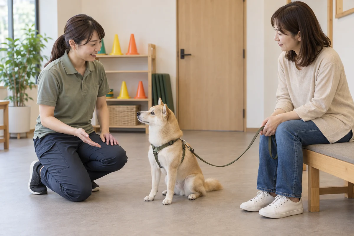 ドッグトレーナーが犬の様子を見ながら、飼い主へ接し方を説明するイメージ