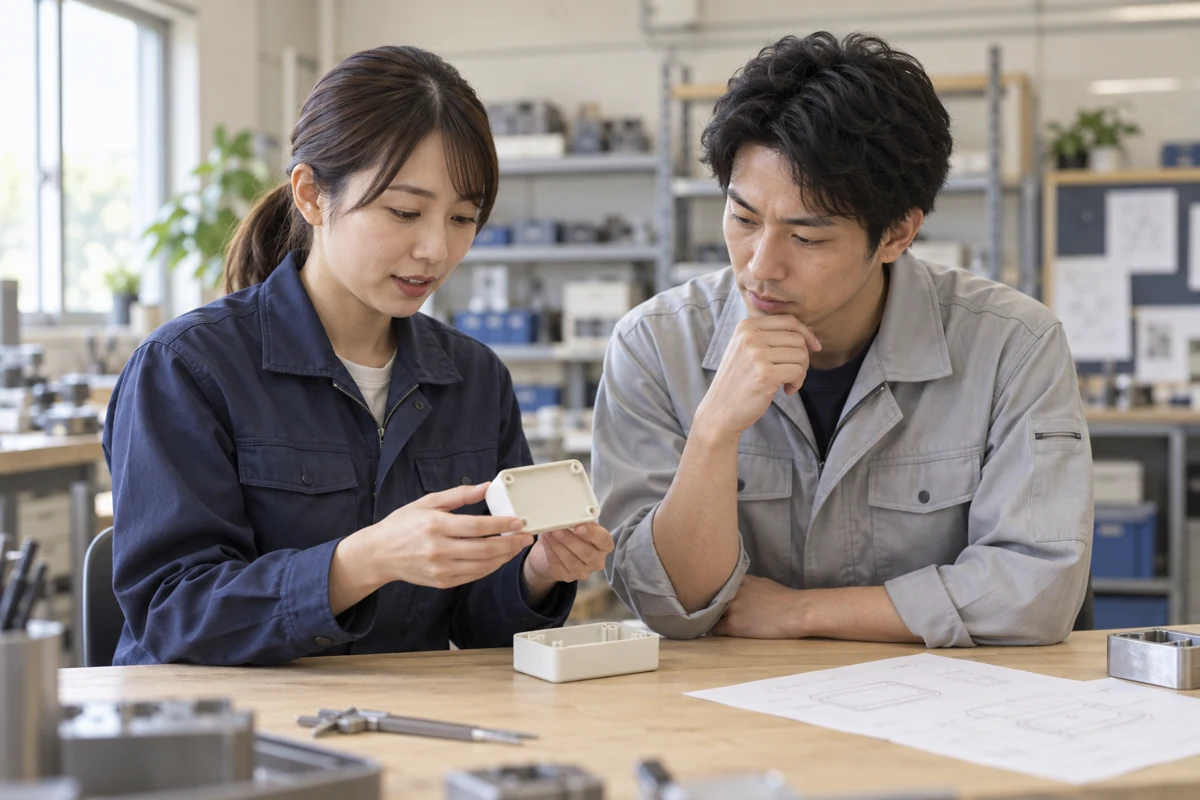 樹脂加工の担当者2人が作業台で機器外装の試作品を確認するイメージ