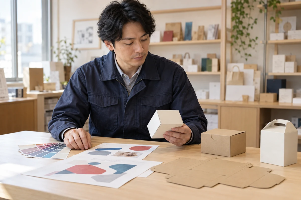 紙箱のサンプルと印刷見本を確認する担当者のイメージ