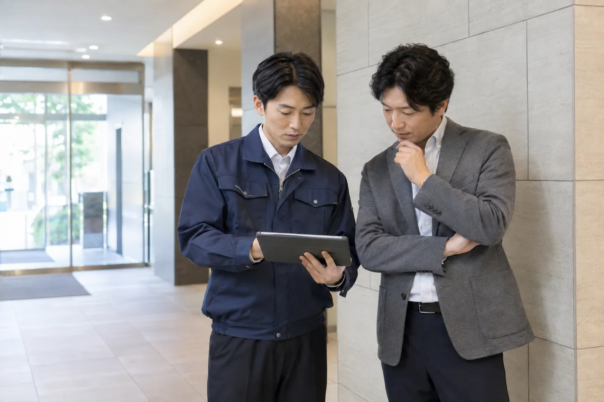 ビルの共用部で巡回記録を確認する管理担当者とオーナー側担当者のイメージ