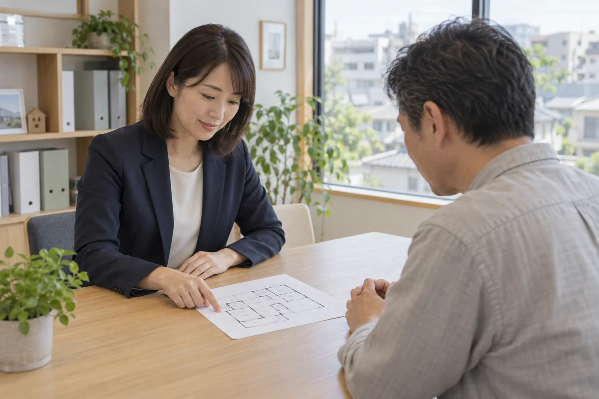 不動産会社の担当者と相談者が間取りの資料を見ながら話すイメージ
