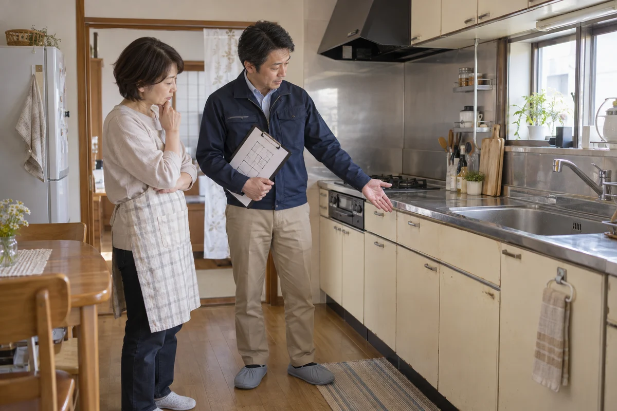 既存のキッチンを見ながら住まい手の希望を聞くリフォーム担当者のイメージ