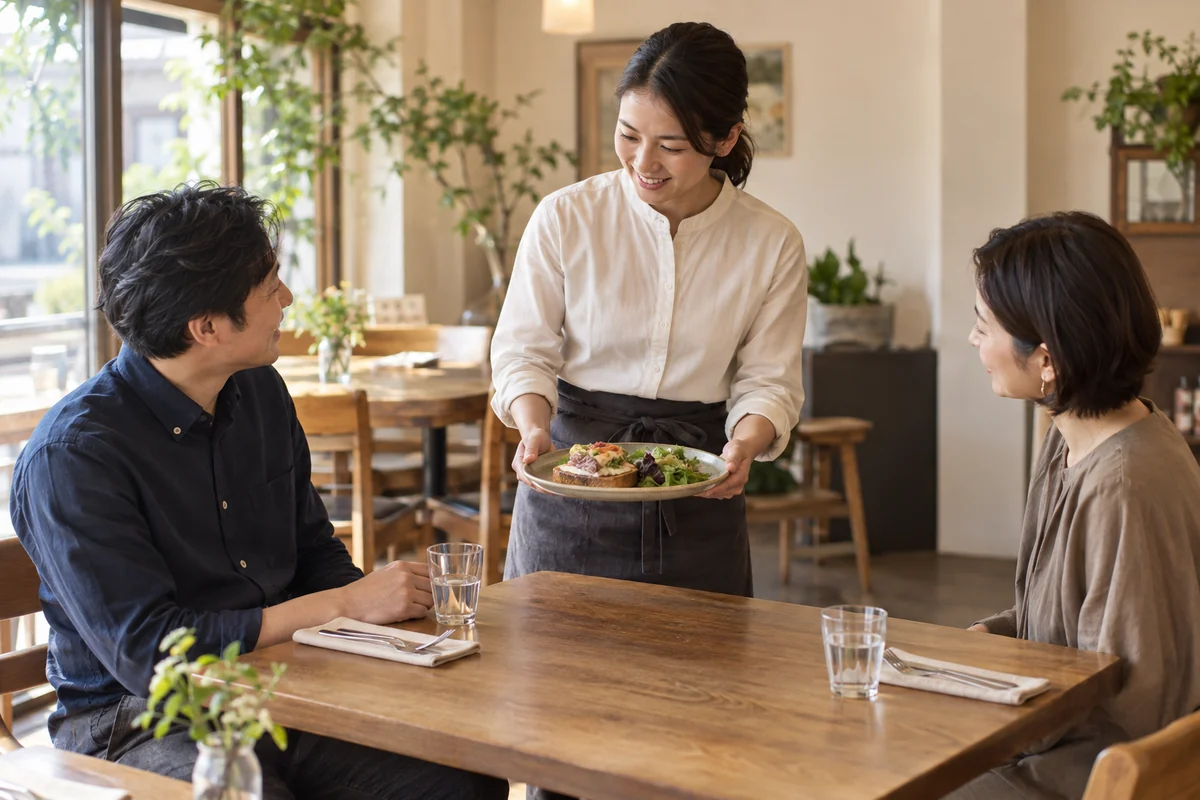 カフェでスタッフが料理を運び、食事を楽しむ二人に案内するイメージ