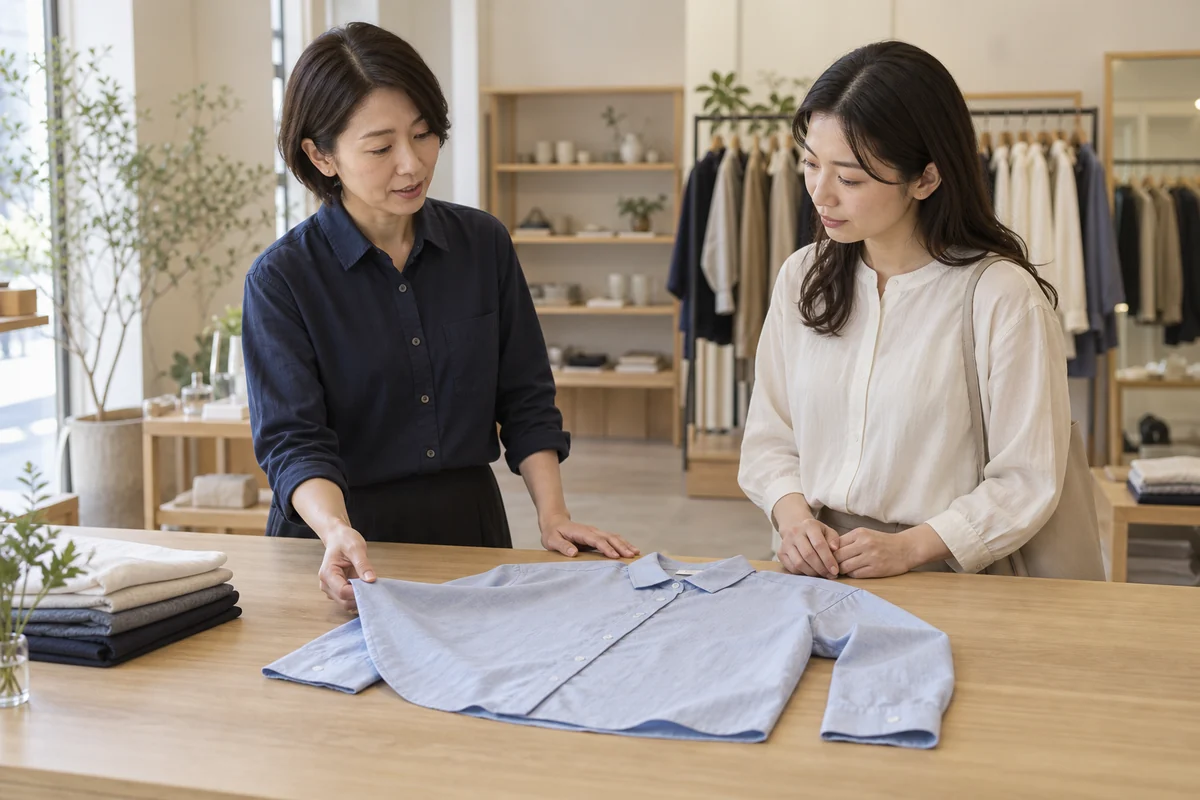 ショップスタッフが衣服の生地を見せながら、お客様に商品の特徴を説明するイメージ