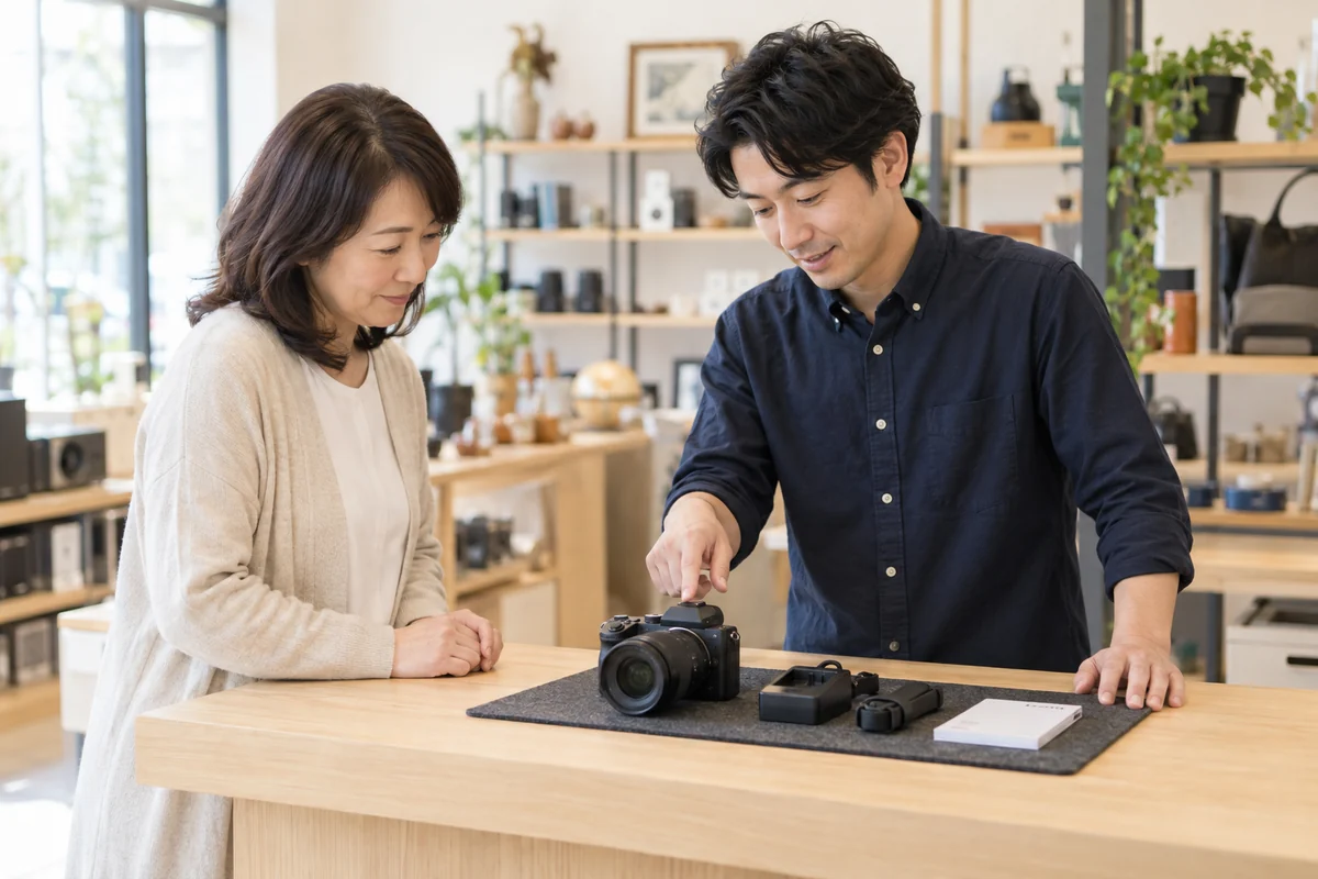 買取店でスタッフと利用者がカメラ本体と付属品を一緒に確認するイメージ