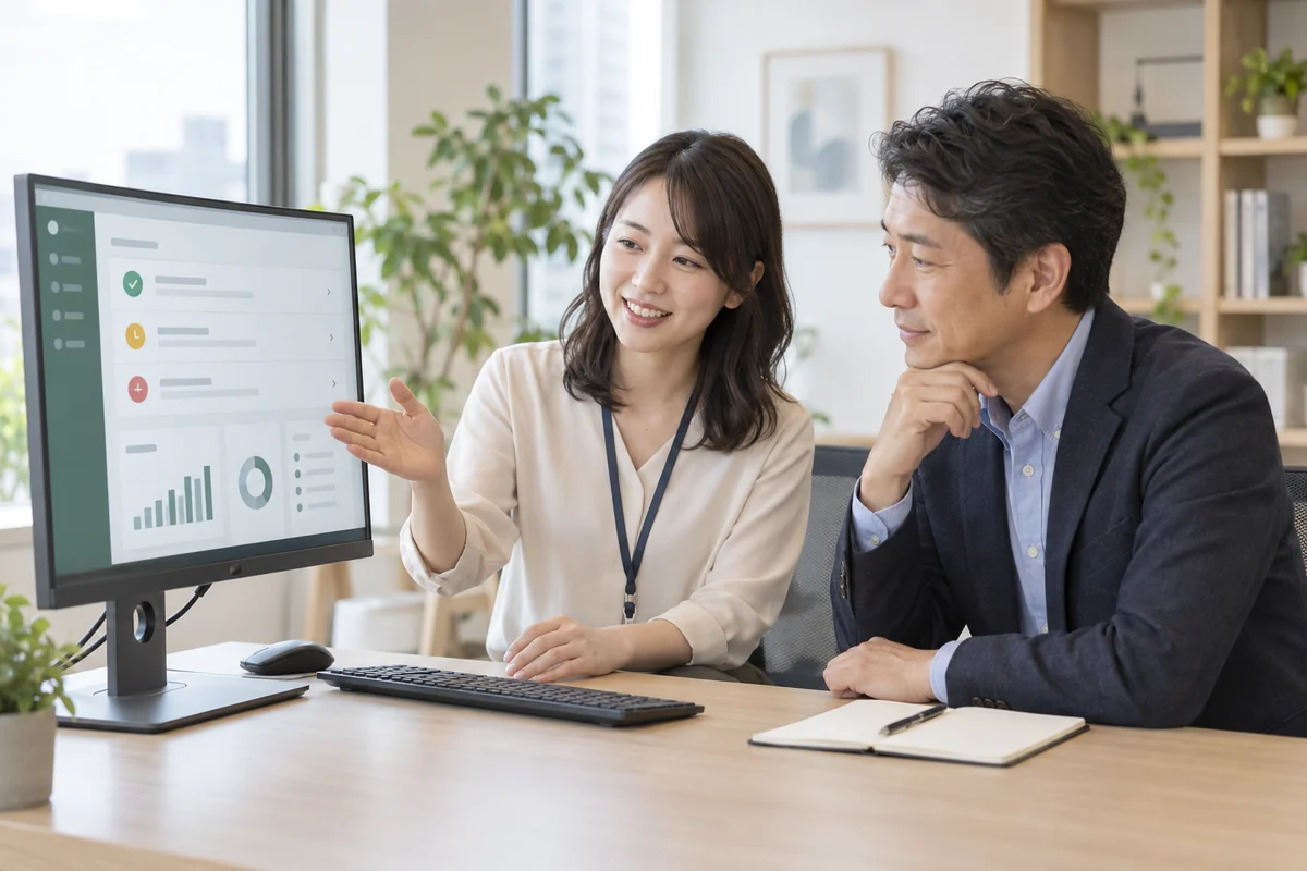 SaaSの担当者が企業の利用担当者と画面を見ながら、操作を説明するイメージ