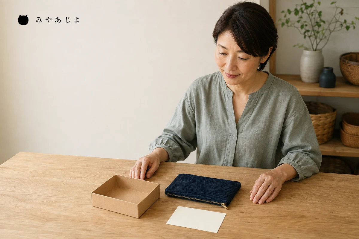 架空の地域商品事業者の担当者が、布製ポーチと箱、カードの同梱内容を確認する編集イメージ
