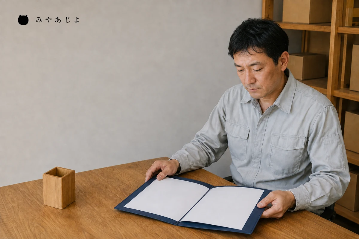 架空の木製品メーカーの担当者が、直販用のペン立てと販売条件の資料を確認する編集イメージ