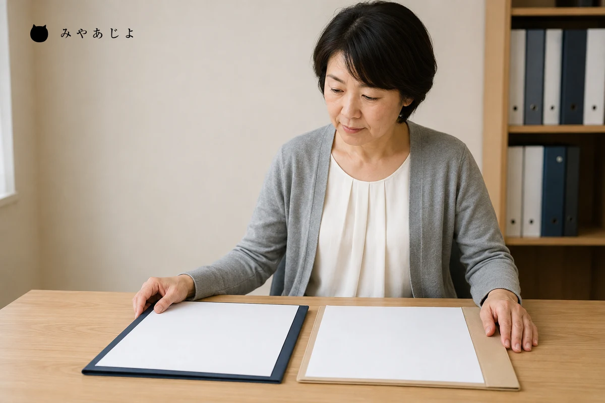 架空の健康関連サービス企業の担当者が、導入条件と説明資料を照合する編集イメージ