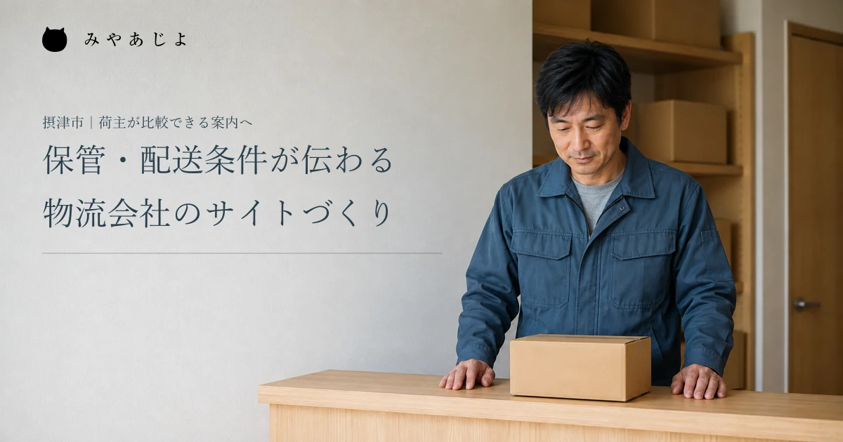 保管・配送条件が伝わる。物流会社のサイトづくり。架空の物流会社の担当者が荷物を確認する編集イメージ