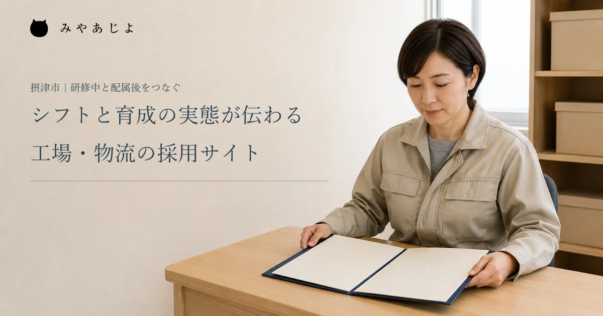 シフトと育成の実態が伝わる。工場・物流の採用サイト。架空の物流事業所で担当者が採用・教育資料を確認する編集イメージ