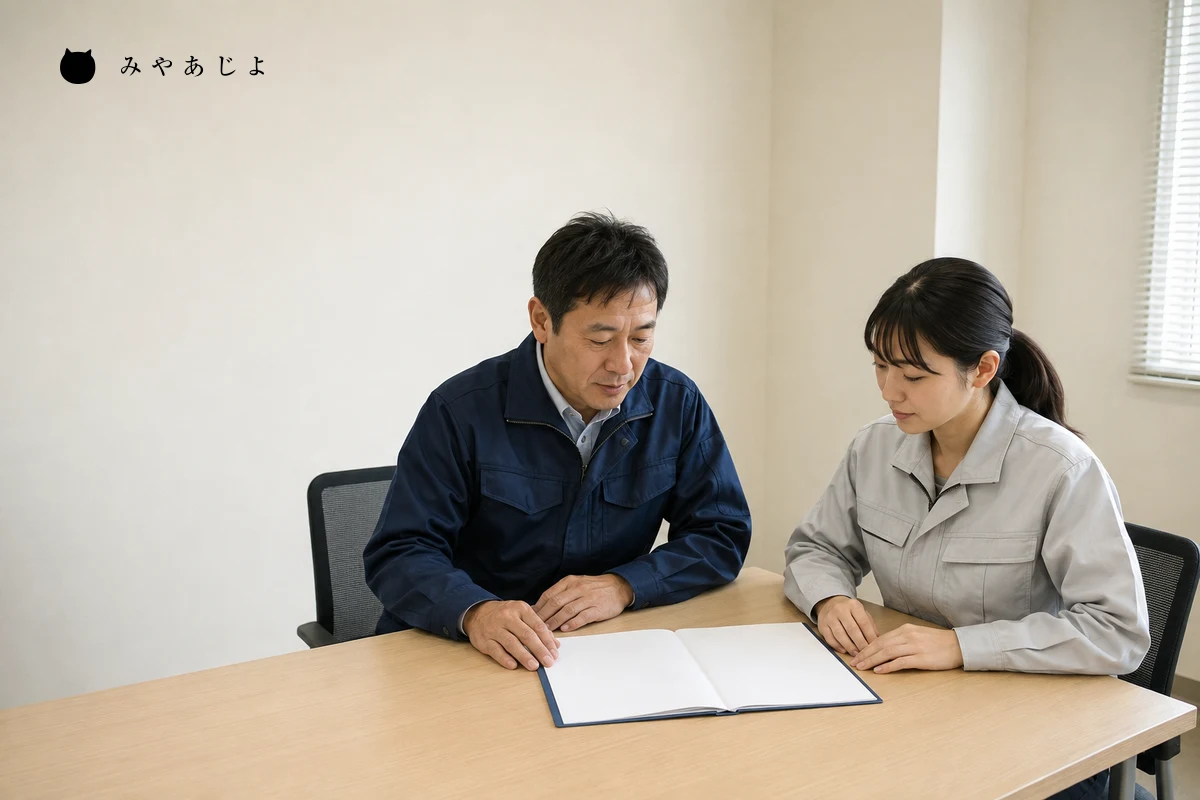 架空の物流事業所で指導役と新人が資料を見ながら配属後の担当範囲を確認する編集イメージ