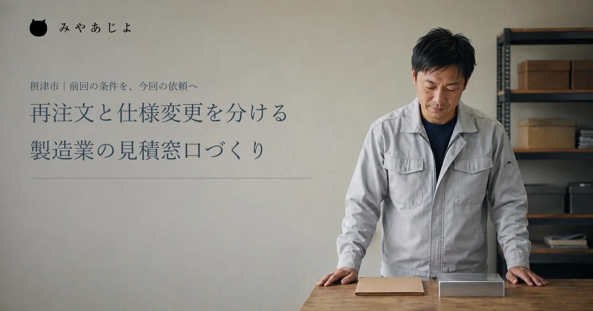 再注文と仕様変更を分ける。製造業の見積窓口づくり。架空の加工会社の担当者が資料と説明用の金属部品を確認する編集イメージ
