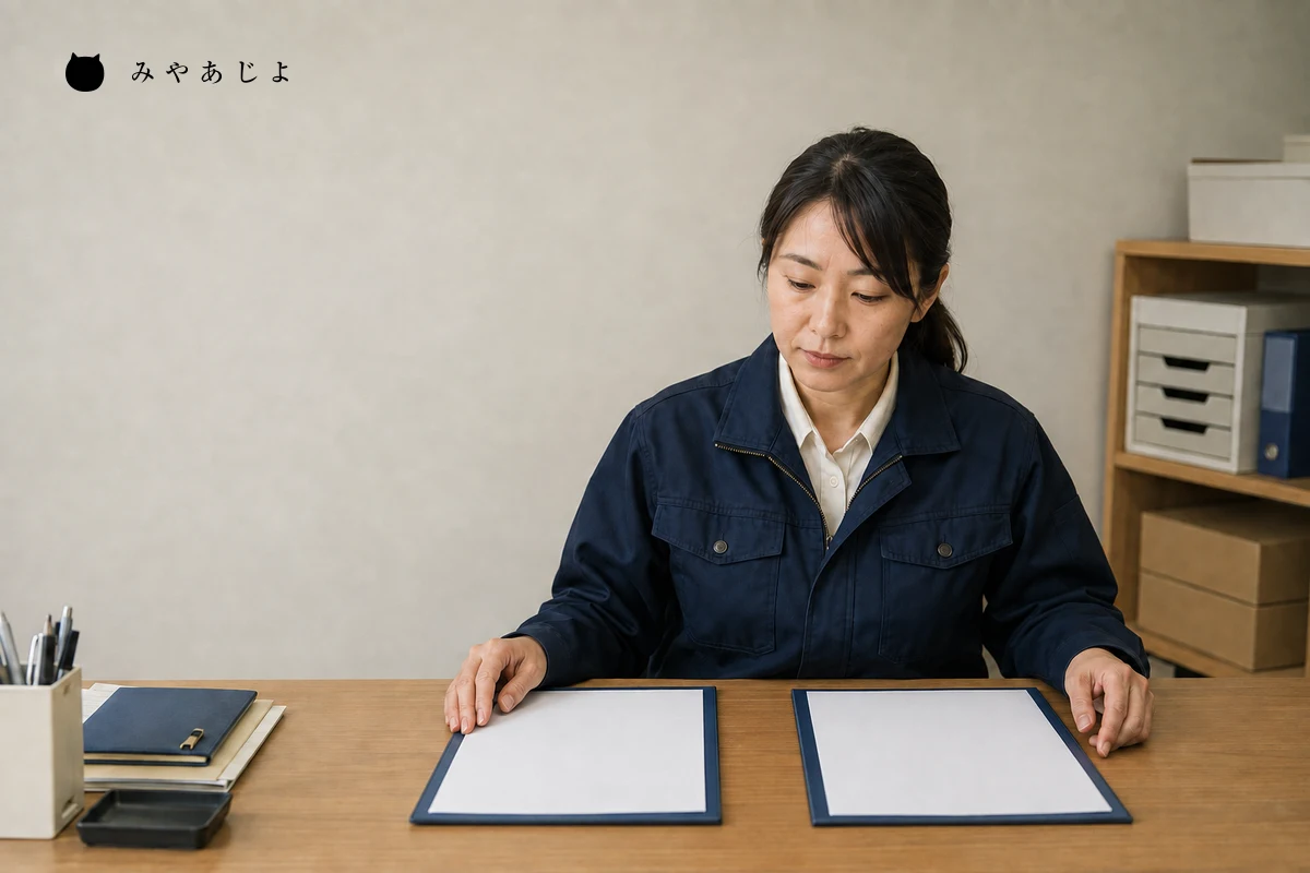 架空の加工会社の担当者が、机上の資料を照合する編集イメージ