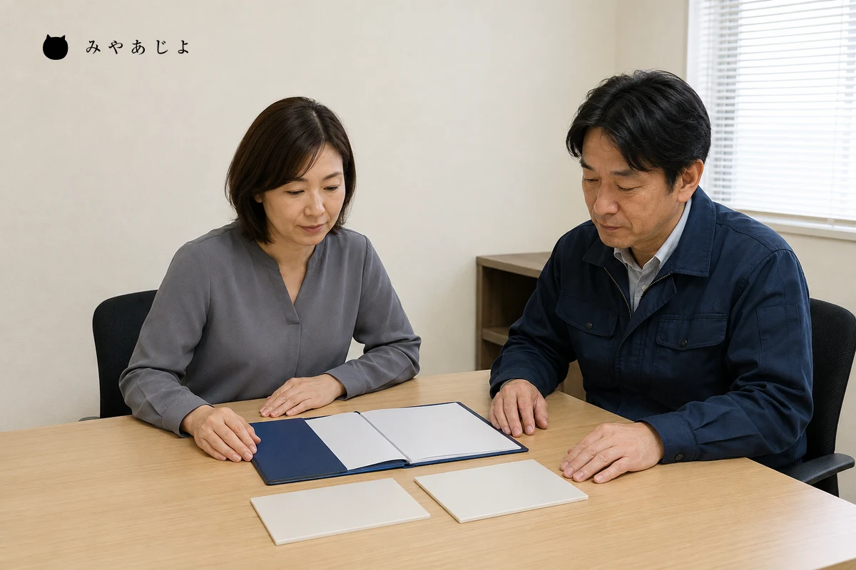 架空の資材会社で営業担当と製品担当が樹脂板の見本と資料を見ながら問い合わせ条件を確認する編集イメージ