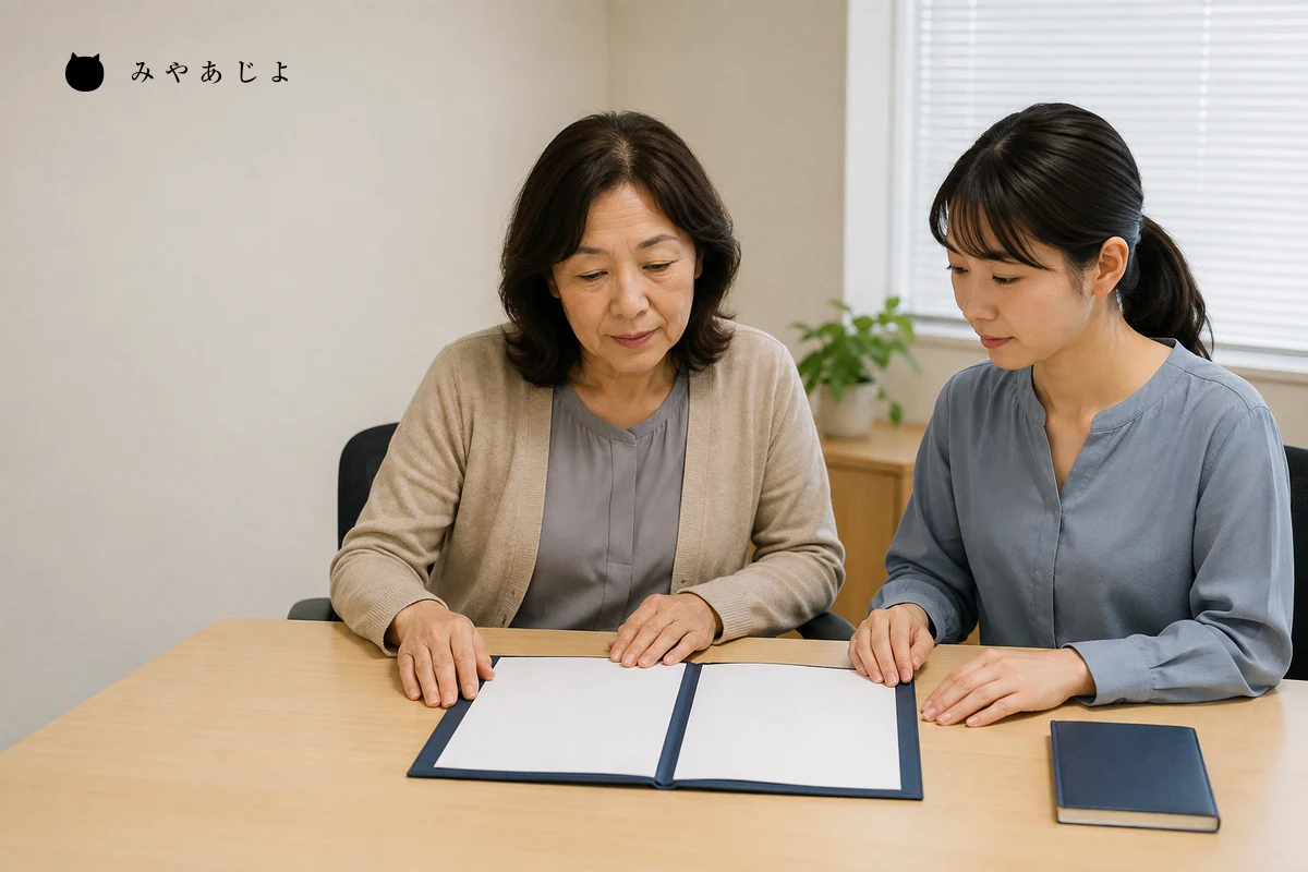 架空の小規模事業者で担当者二人がお知らせの終了時確認と引き継ぎ資料を見直す編集イメージ