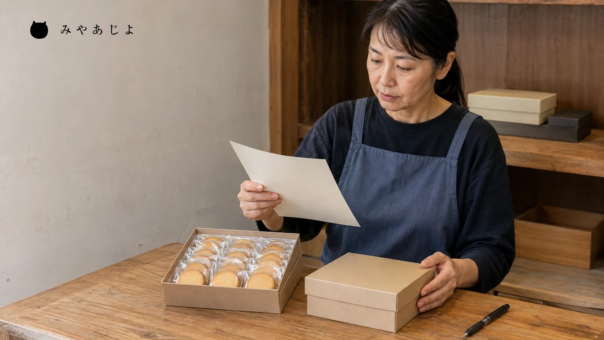 架空の販売担当者が包装済みの焼き菓子と箱の見本を照合し商品案内を確認する編集イメージ