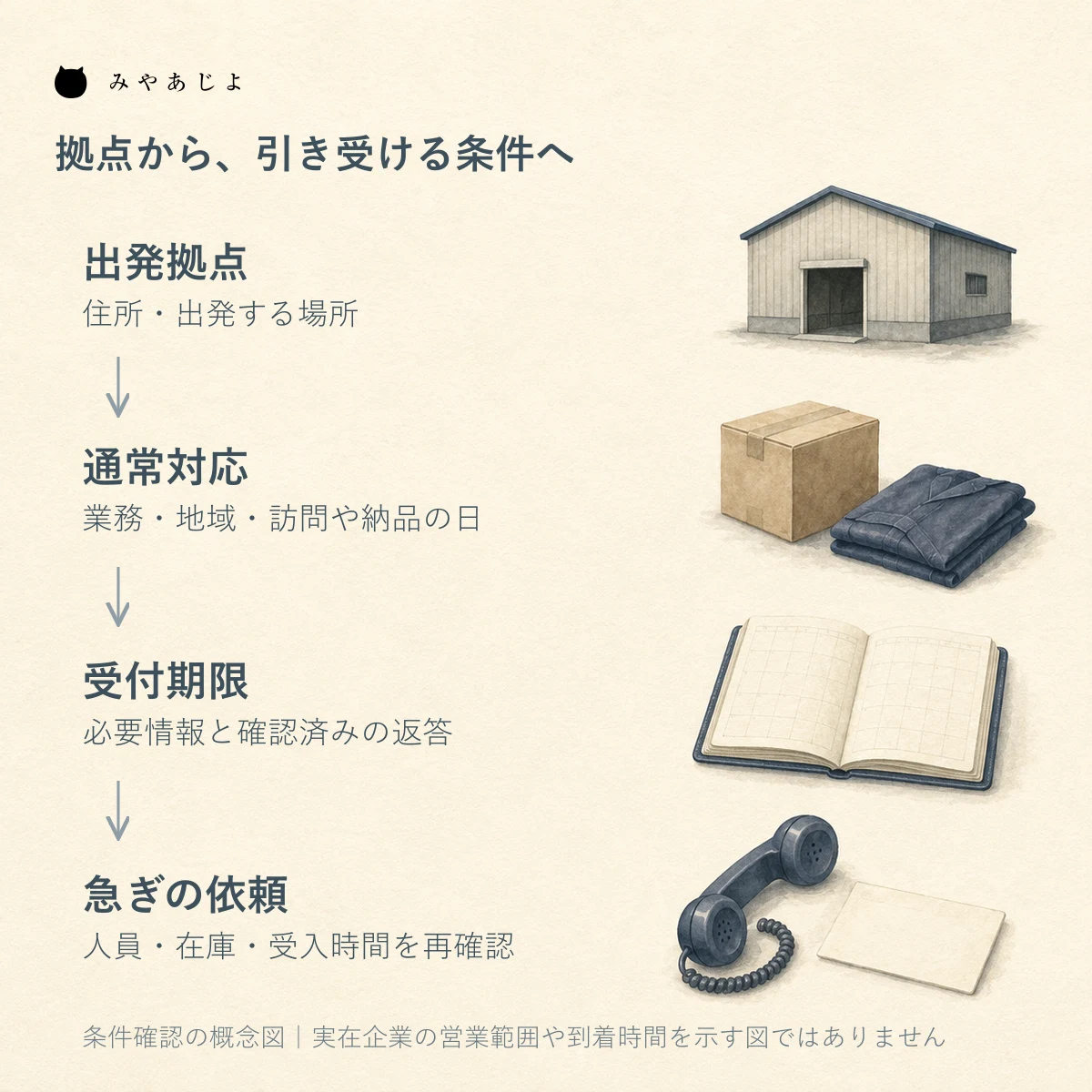 出発拠点から通常対応の業務と地域を確認し受付期限と緊急時の個別判断へ進む対応条件の概念図