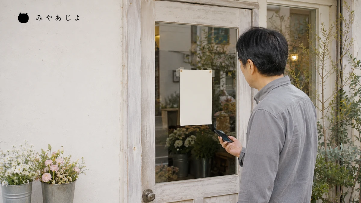 架空の花店担当者がスマートフォンと店頭の案内用紙を見比べ利用日前の情報を確認する編集イメージ